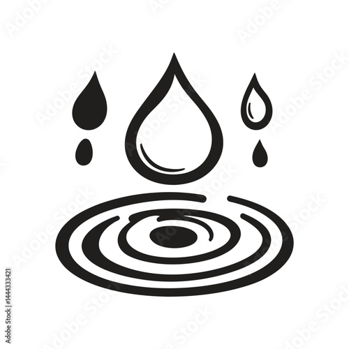Black Water Droplets with Concentric Circle Ripples Isolated on White Background