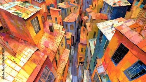 Colorful, vibrant, stylized cityscape with densely packed, multi-colored buildings and narrow streets.  High angle, abstract, artistic perspective.  