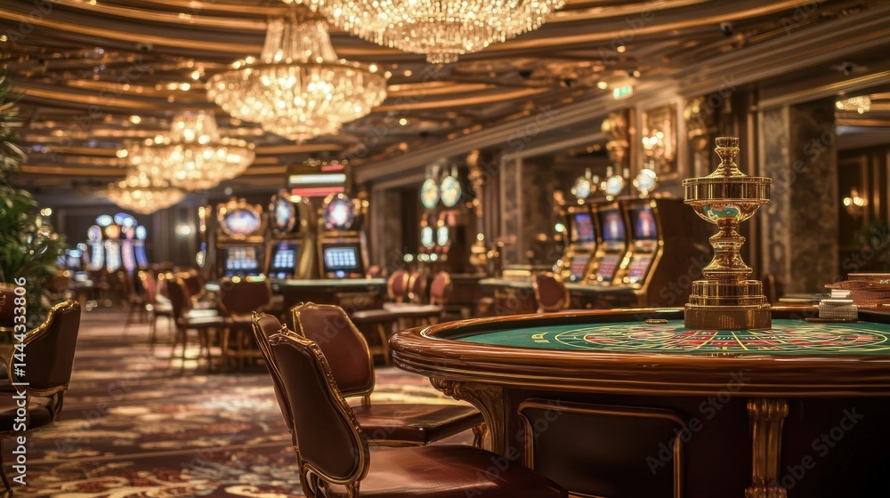 Fototapeta premium Luxurious casino interior with gaming tables and chandeliers