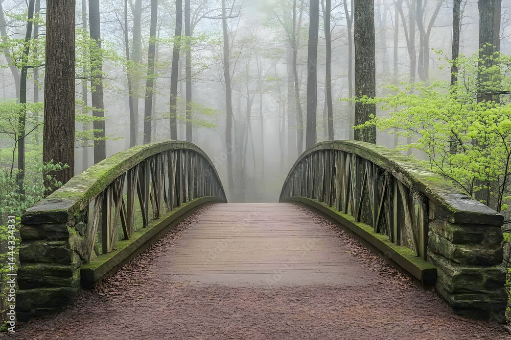 Obraz premium Serene misty forest scene featuring an old stone and wood bridge leading into the fog. Perfect for peace, tranquility, and nature themes.