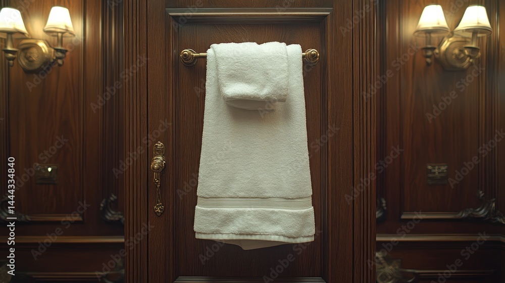Luxury Bathroom Towel Hanging on Wooden Door