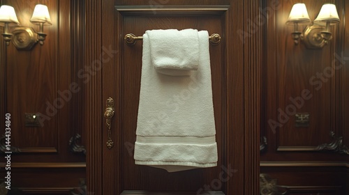 Obraz na płótnie Luxury Bathroom Towel Hanging on Wooden Door w salonie