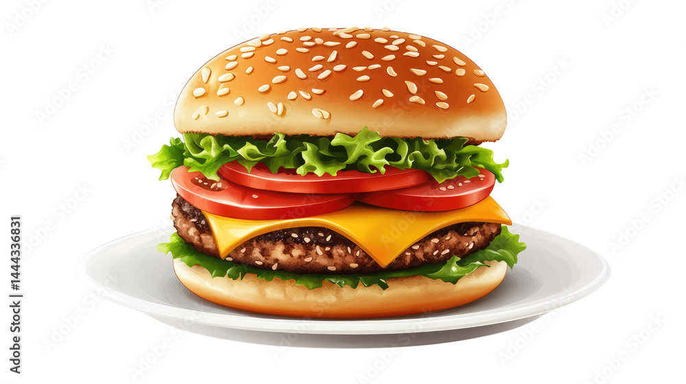 Juicy Cheeseburger with Fresh Vegetables on a Plate, Featuring Crispy Lettuce, Slices of Tomato, and Melted Cheese on a Toasted Sesame Seed Bun Juicy Cheeseburger with Fresh Vegetables on a Plate, Featuring Crispy Lettuce, Slices of Tomato, and Melted Cheese on a Toasted Sesame Seed Bun
