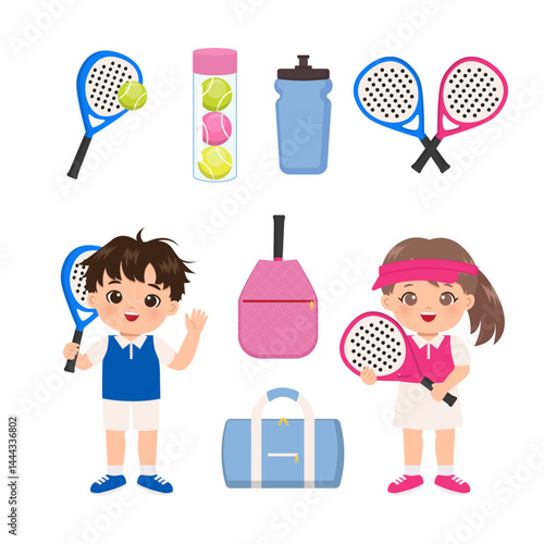 Cute boy and girl with Padel sport racket and ball element
