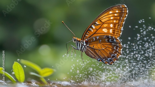 Majestic Butterfly Taking Flight from Water Spray, Close-Up
