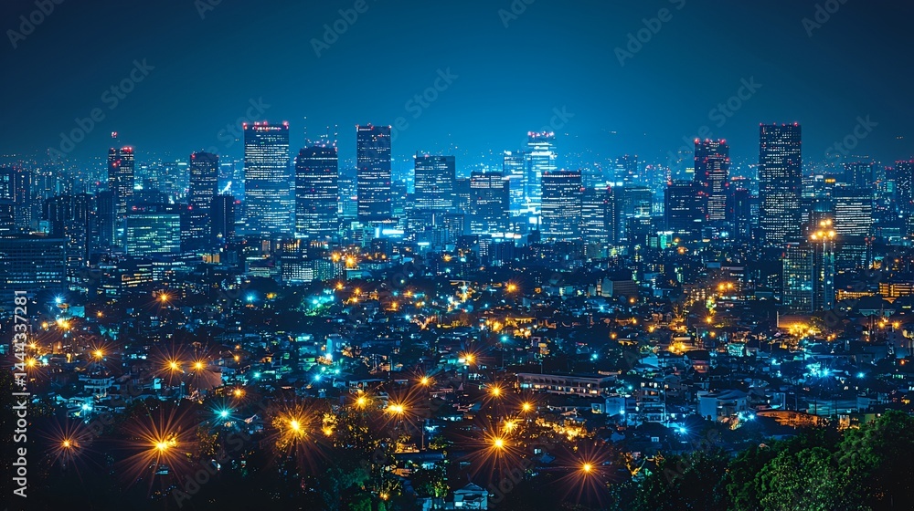 Obraz premium Night cityscape, illuminated skyscrapers and city lights.