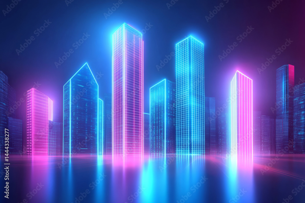 Fototapeta premium vibrant cityscape featuring glowing neon blue and pink skyscrapers, creating futuristic atmosphere. illuminated buildings reflect on ground, enhancing dynamic urban scene