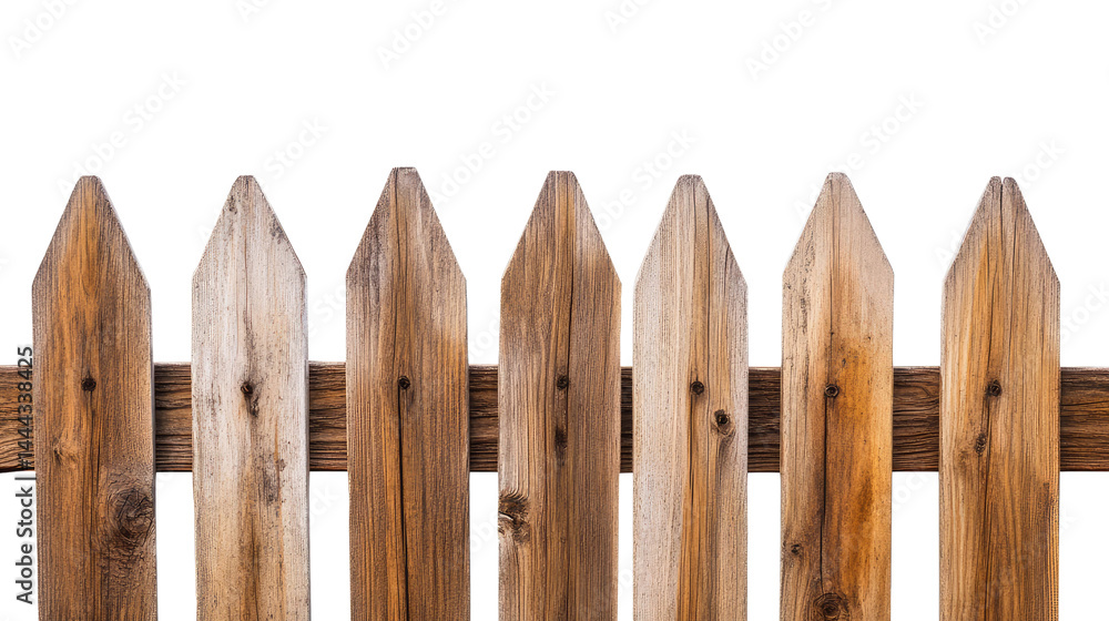 Rustic Wooden Fence with Pointed Tops Against a White Background, Perfect for Portraying Natural Landscapes, Farm Scenes, Rural Living, and Outdoor Settings Rustic Wooden Fence with Pointed Tops Against a White Background, Perfect for Portraying Natural Landscapes, Farm Scenes, Rural Living, and Outdoor Settings