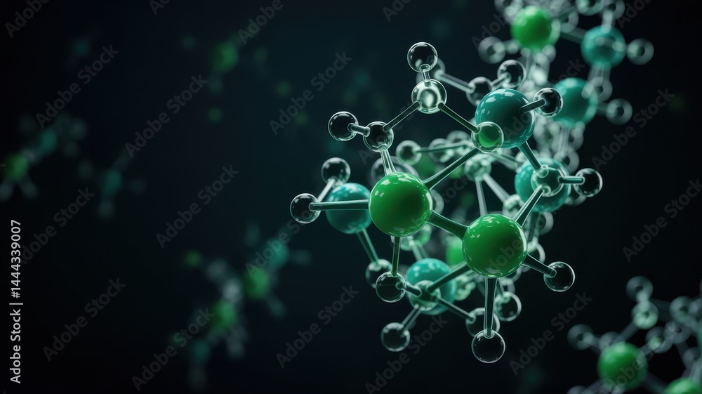 Molecular structure with green and white spheres connected Molecular structure with green and white spheres connected