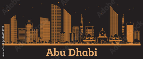 Outline Abu Dhabi UAE City Skyline with orange Buildings. Business Travel and Tourism Concept with Modern Architecture. Abu Dhabi Cityscape with Landmarks.