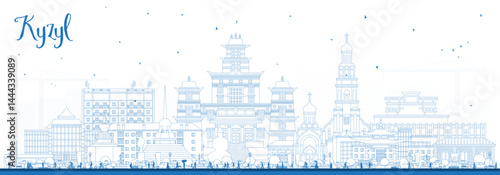 Outline Kyzyl Russia city skyline with blue buildings. Kyzyl cityscape with landmarks. Travel and tourism concept with modern and historic architecture.