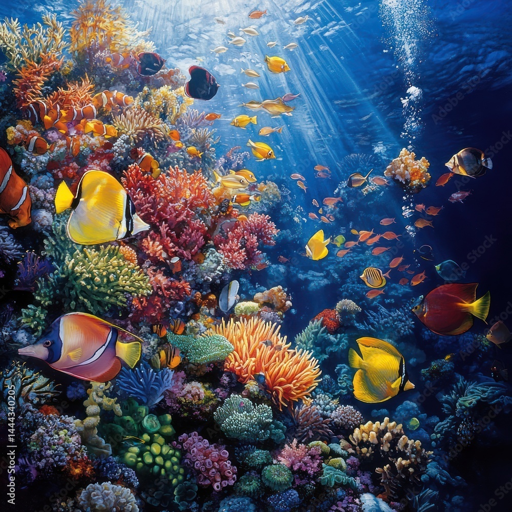 Fototapeta premium Vibrant coral reef teeming with fish, sunlight beams, ocean background; ideal for marine life documentaries