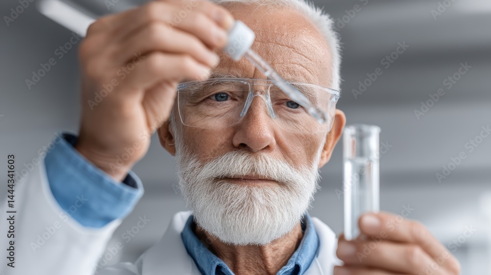 An elderly scientist carefully pipettes a liquid sample into a test tube during an experiment - sample investigation research education An elderly scientist carefully pipettes a liquid sample into a test tube during an experiment - sample investigation research education