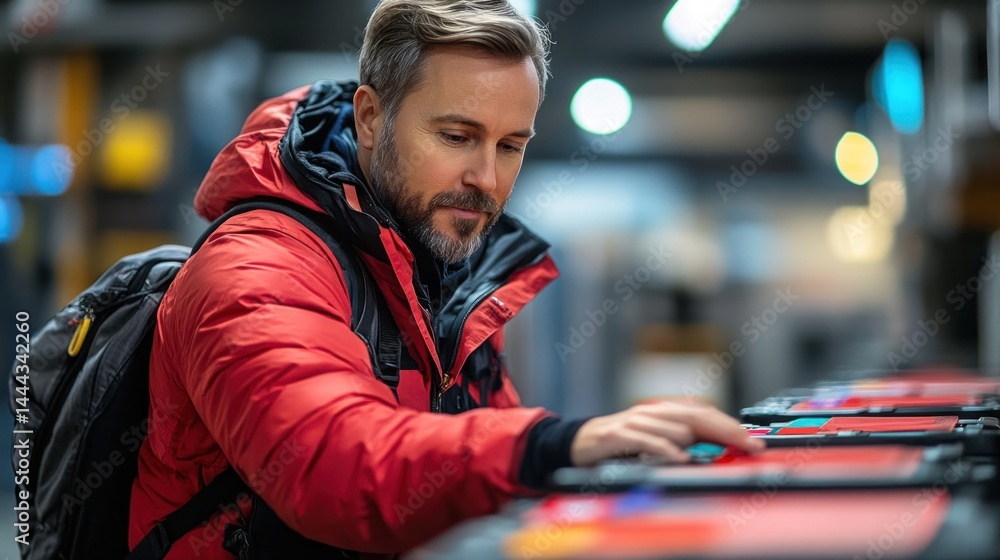 Man in Red Jacket Browsing Products in a Store