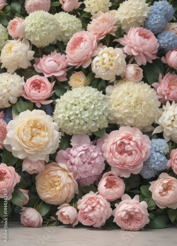 Pastel roses, peonies & hydrangeas create a vintage floral wall backdrop , wall art, vintage flowers