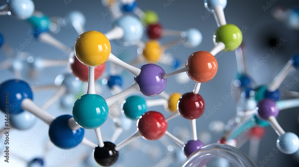 Obraz premium Close-up of a molecular structure model representing atoms and chemical bonds. Ideal for science, chemistry, biotechnology, and educational or research-related visuals.
