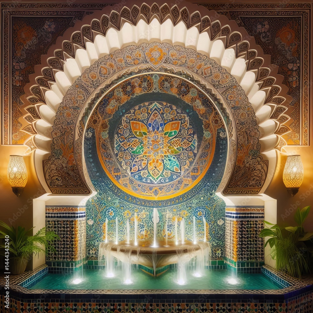 Obraz premium Moroccan zellige tile fountain pulses colored light synced to si