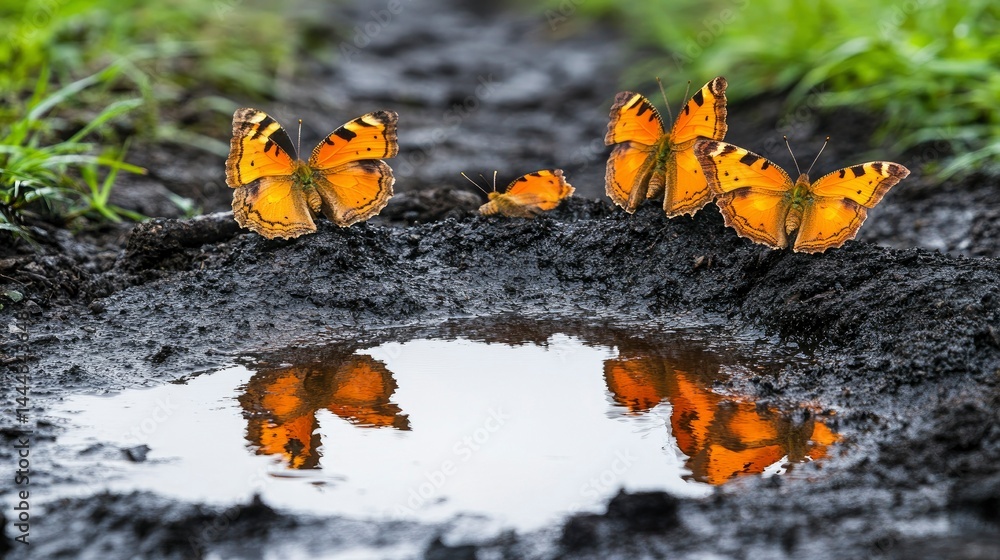 Fototapeta premium Four Butterflies Drinking from a Puddle on a Muddy Path