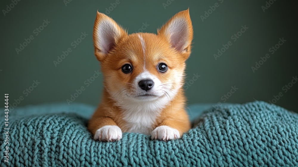 Adorable Puppy on Teal Knit Blanket