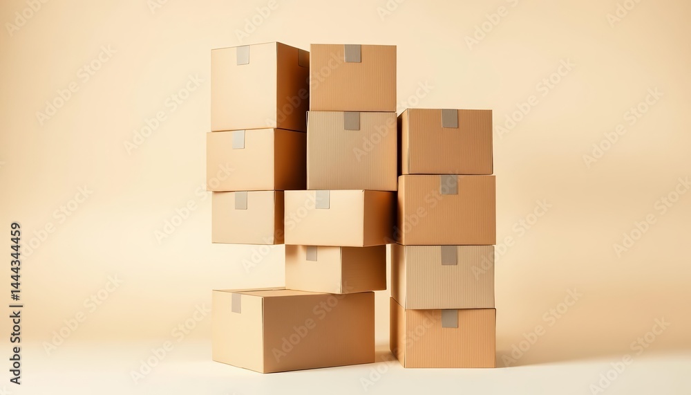 Fototapeta premium Artfully stacked cardboard boxes on neutral background; ample copy space, storage, brown
