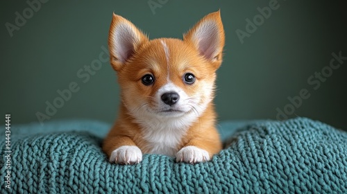 Obraz na płótnie Adorable Puppy on Teal Knit Blanket w salonie