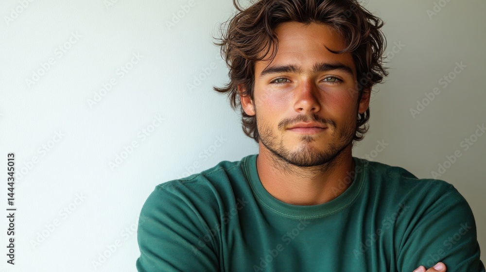Portrait of a Handsome Young Man with Wavy Brown Hair, Wearing a Green Shirt