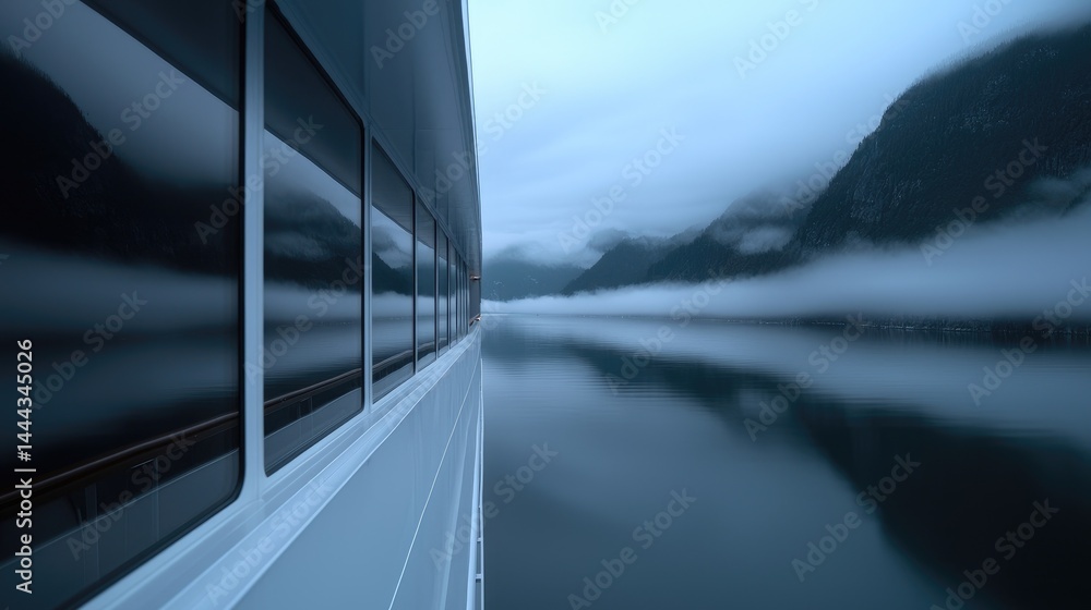 Fototapeta premium Misty mountain fjord cruise, calm waters. Reflective windows on a ship