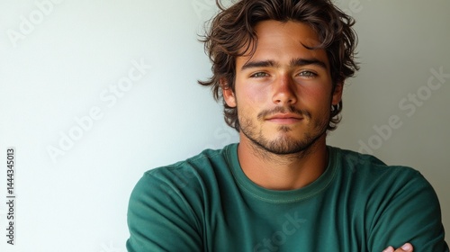 Obraz na płótnie Portrait of a Handsome Young Man with Wavy Brown Hair, Wearing a Green Shirt w salonie