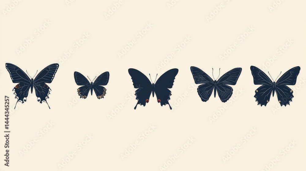 Five Black Butterflies in a Row, Illustration Five Black Butterflies in a Row, Illustration