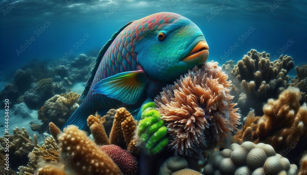 Fototapeta premium Parrotfish Scraping Algae Off Coral