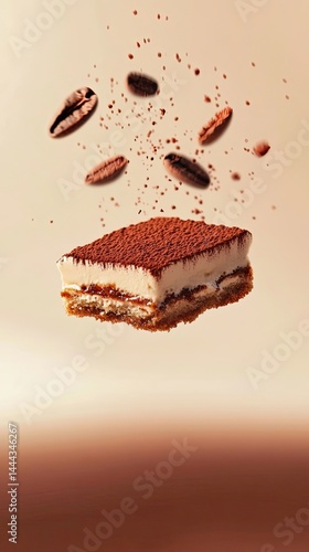 Tiramisu background, layered tiramisu with cocoa dusting, floating on a soft gradient backdrop, food photo, mouth-watering food