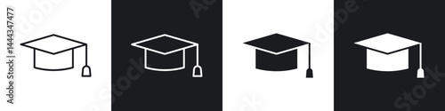 Graduation cap icon in thin line and Flat Design.