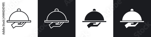 Hand holding tray icon in thin line and Flat Design.