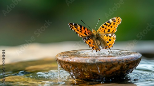 Butterfly Drinking Water from a Stone Fountain