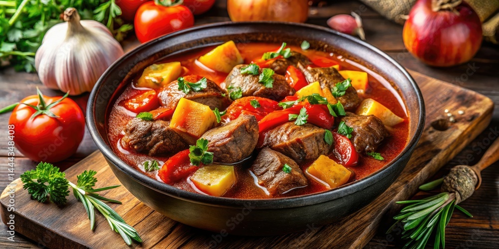 Macro Photography of Gulasch: Close-up Textures, Spices, and Ingredients of Hungarian Stew Macro Photography of Gulasch: Close-up Textures, Spices, and Ingredients of Hungarian Stew