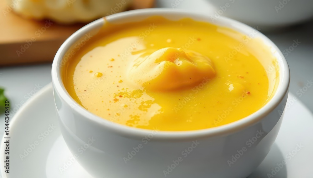 Rich and creamy cheese sauce filling a white ceramic cup, white, nourishing Rich and creamy cheese sauce filling a white ceramic cup, white, nourishing