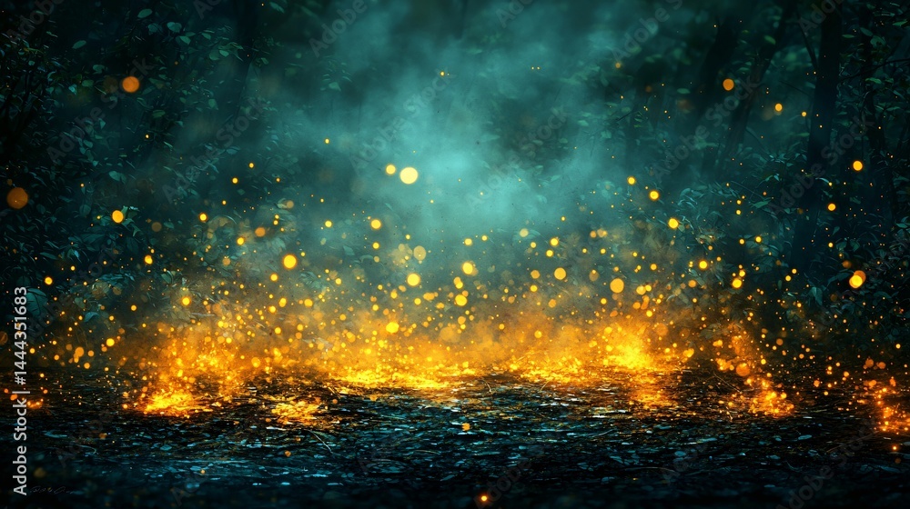 Naklejka premium A mysterious fire burning in a dark forest creating a surreal and dreamlike atmosphere of everchanging realities and diffused glow