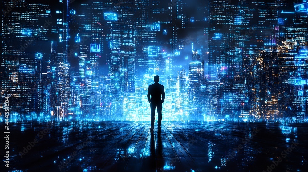 Businessman facing futuristic city skyline digital data streams dark blue tones night view Businessman facing futuristic city skyline digital data streams dark blue tones night view