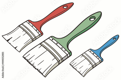 23 Paint brushes, colorful handles, red green blue, wide bristles, professional painting tools, art supplies, flat brushes, construction paintbrushes, home improvement, DIY equipment, artistic instrum