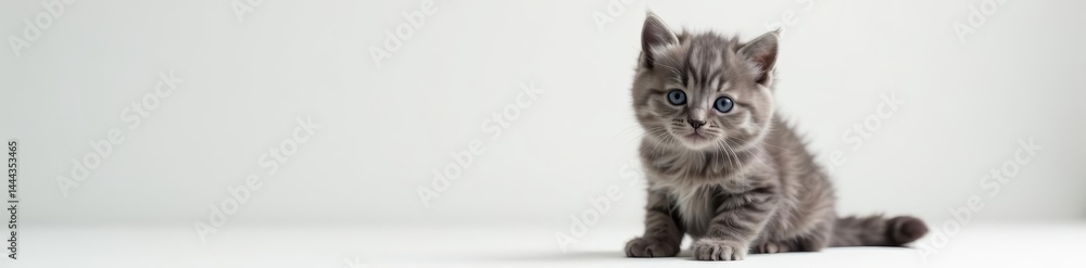 Adorable fluffy grey kitten sitting elegantly on a white surface, kitten, sitting, grey fur Adorable fluffy grey kitten sitting elegantly on a white surface, kitten, sitting, grey fur