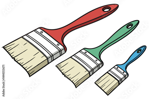 23 Paint brushes, colorful handles, red green blue, wide bristles, professional painting tools, art supplies, flat brushes, construction paintbrushes, home improvement, DIY equipment, artistic instrum