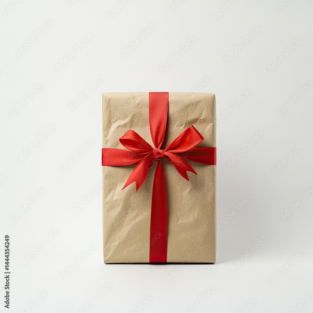 A simple kraft paper gift box with a red ribbon A simple kraft paper gift box with a red ribbon