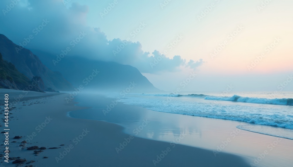 Fototapeta premium Oceanic fog rolls in across the shore with a soothing mist, peaceful, blue