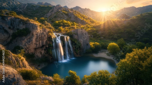 Waterfall sunset scenic landscape