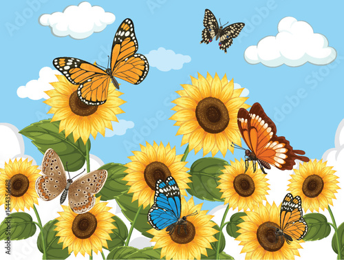 Colorful Butterflies Among Sunflowers in Bright Sky