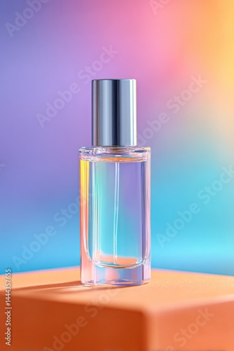 sleek empty podium awaits perfume bottles set against vibrant colorful backdrop