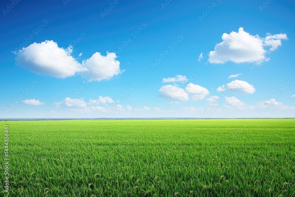 Vast field of vibrant green rice, stretching under a vibrant blue sky dotted with fluffy white clouds A serene landscape of nature Vast field of vibrant green rice, stretching under a vibrant blue sky dotted with fluffy white clouds A serene landscape of nature