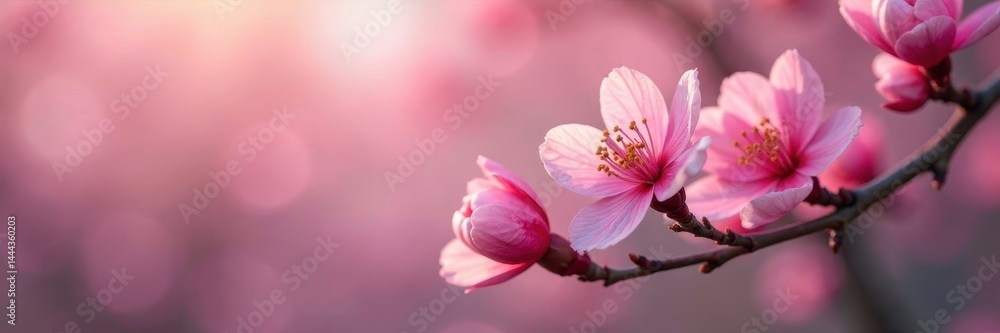 Fototapeta premium Delicate pink petals unfurl on slender branches, pink, spring