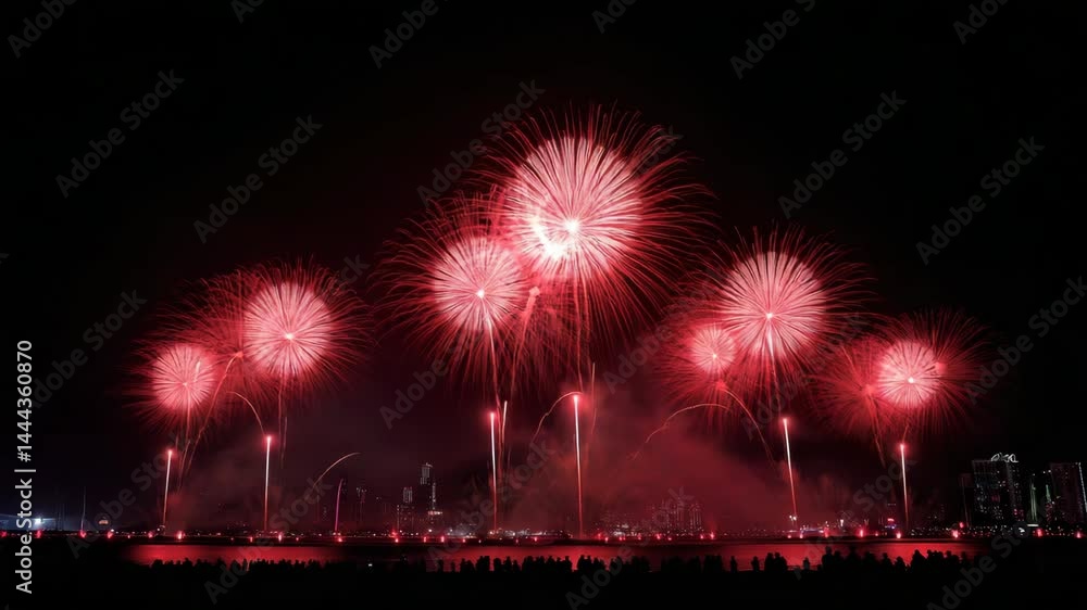 Spectacular display of bright red fireworks exploding over a dark water surface and city skyline during festive celebration at night