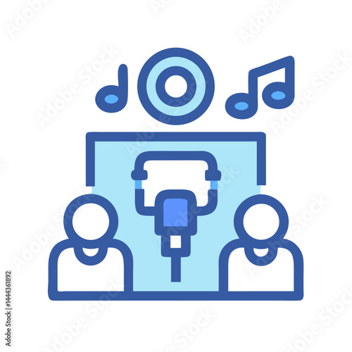 Podcast Recording with Microphone, Music Notes, and People